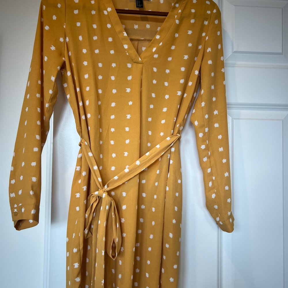Forever 21 Mustard Yellow Long Sleeve V-Neck Wrap Dress with White Dot Print